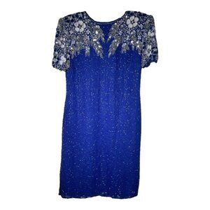 Eve's Allure Vintage Royal Blue Sequin Silk Evening Party Dress - Size Medium